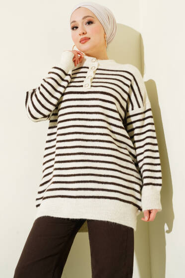 Yaka Düğmeli Çizgili Triko Tunik Kahve - Tunik