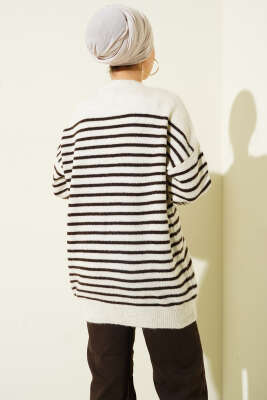 Yaka Düğmeli Çizgili Triko Tunik Kahve - Tunik