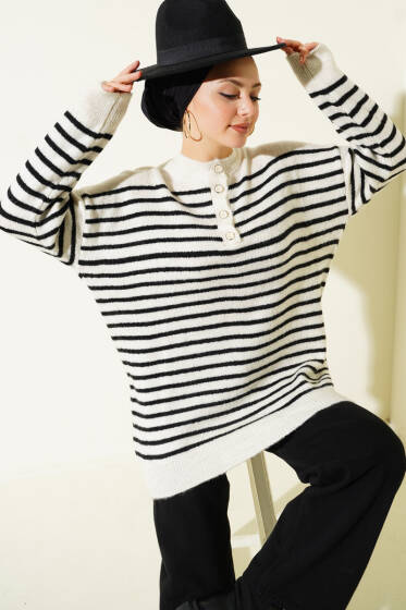 Yaka Düğmeli Çizgili Triko Tunik Siyah - Tunik