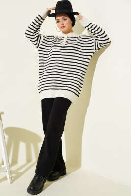Yaka Düğmeli Çizgili Triko Tunik Siyah - Tunik