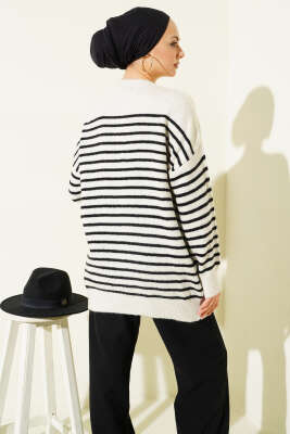 Yaka Düğmeli Çizgili Triko Tunik Siyah - Tunik