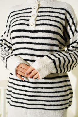 Yaka Düğmeli Çizgili Triko Tunik Siyah - Tunik