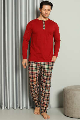 Yaka Düğmeli Ekoseli Erkek Pijama Takımı Bordo - Kadın Pijama Takımı