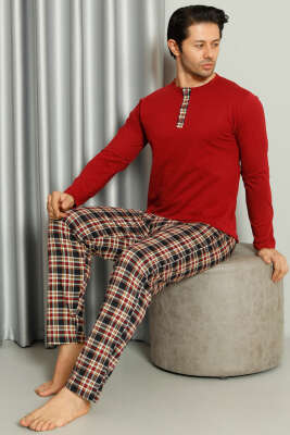 Yaka Düğmeli Ekoseli Erkek Pijama Takımı Bordo - Kadın Pijama Takımı