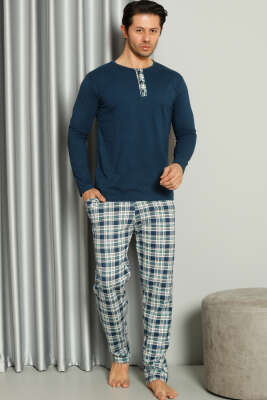 Yaka Düğmeli Ekoseli Erkek Pijama Takımı İndigo 