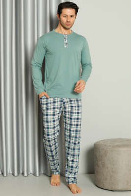 Yaka Düğmeli Ekoseli Erkek Pijama Takımı Mint - Pijama & Gecelik