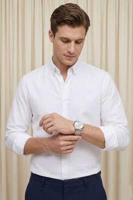 Yaka Düğmeli Erkek Gömlek Beyaz - DEEP POİNT