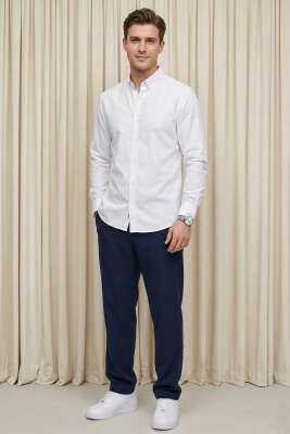 Yaka Düğmeli Erkek Gömlek Beyaz - Erkek Gömlek