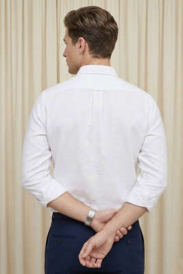 Yaka Düğmeli Erkek Gömlek Beyaz - Erkek Gömlek