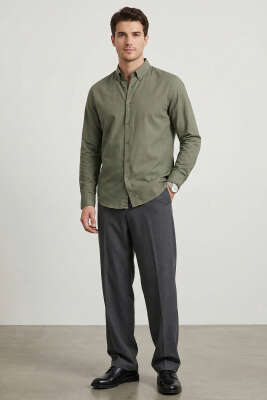 Yaka Düğmeli Erkek Gömlek Haki - Erkek Gömlek