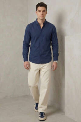 Yaka Düğmeli Erkek Gömlek Lacivert - Erkek Gömlek