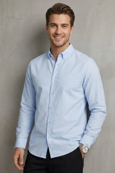 Yaka Düğmeli Erkek Gömlek Mavi - Erkek Gömlek