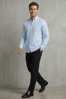 Yaka Düğmeli Erkek Gömlek Mavi - Erkek Gömlek