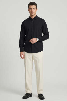 Yaka Düğmeli Erkek Gömlek Siyah - Erkek Kışlık Gömlek