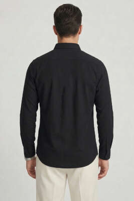 Yaka Düğmeli Erkek Gömlek Siyah - Erkek Kışlık Gömlek