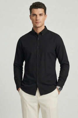 Yaka Düğmeli Erkek Gömlek Siyah - DEEP POİNT