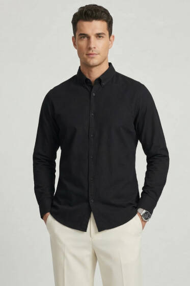 Yaka Düğmeli Erkek Gömlek Siyah - Erkek Kışlık Gömlek