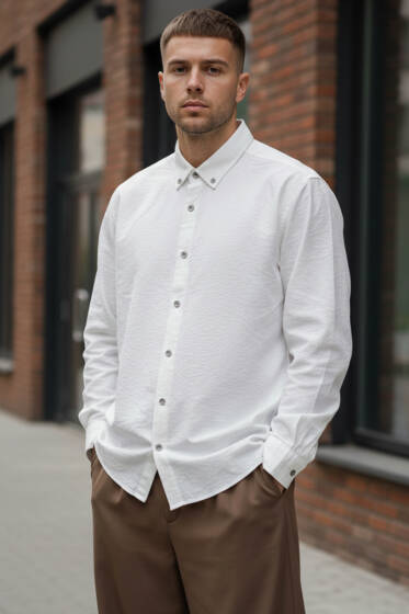 Yaka Düğmeli Erkek Spor Gömlek Beyaz - Erkek Gömlek