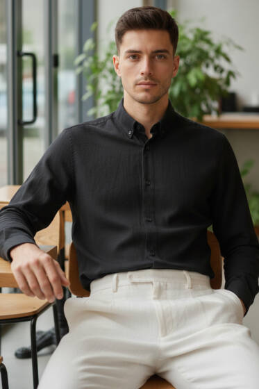 Yaka Düğmeli Erkek Spor Gömlek Siyah - Erkek Gömlek