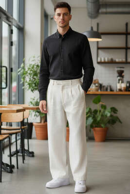 Yaka Düğmeli Erkek Spor Gömlek Siyah - Erkek Gömlek