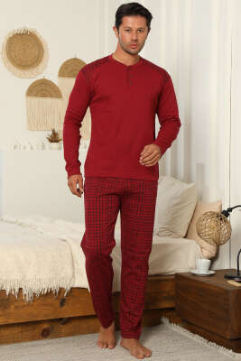 Yaka Düğmeli İnterlok Erkek Pijama Takımı Bordo 