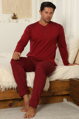 Yaka Düğmeli İnterlok Erkek Pijama Takımı Bordo - Pijama