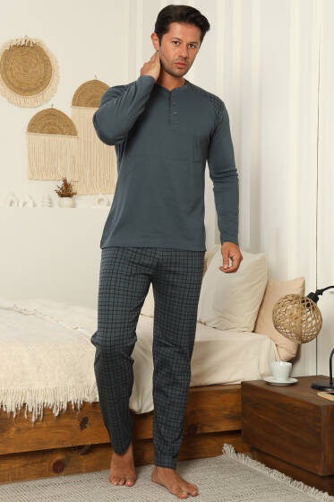 Yaka Düğmeli İnterlok Erkek Pijama Takımı Füme - Pijama