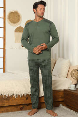 Yaka Düğmeli İnterlok Erkek Pijama Takımı Haki - Pijama