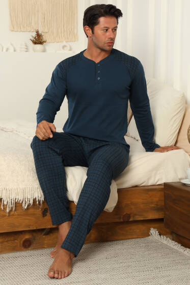 Yaka Düğmeli İnterlok Erkek Pijama Takımı İndigo - Pijama