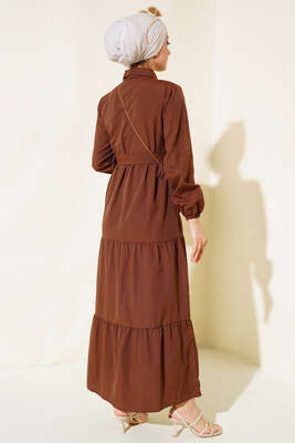 Yaka Düğmeli Kat Kat Elbise Kahve - Tesettür Elbise