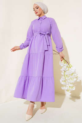 Yaka Düğmeli Kat Kat Elbise Lila - SAGA