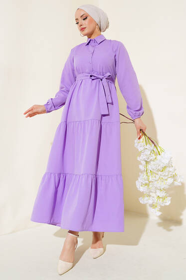Yaka Düğmeli Kat Kat Elbise Lila - Tesettür Elbise