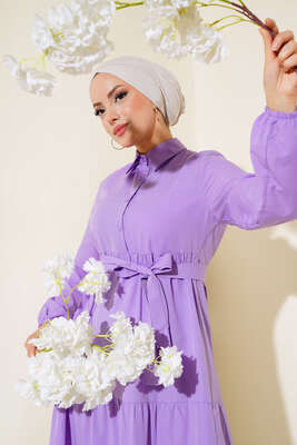Yaka Düğmeli Kat Kat Elbise Lila - Tesettür Elbise