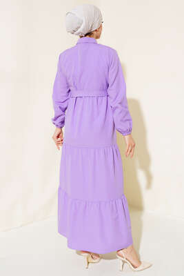 Yaka Düğmeli Kat Kat Elbise Lila - Tesettür Elbise