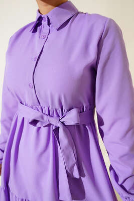 Yaka Düğmeli Kat Kat Elbise Lila - Tesettür Elbise