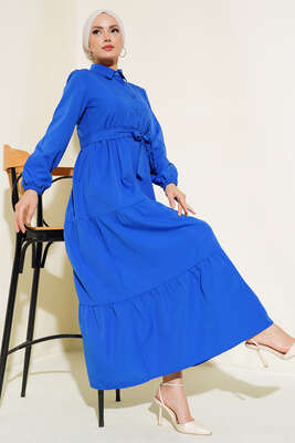 Yaka Düğmeli Kat Kat Elbise Saks - SAGA