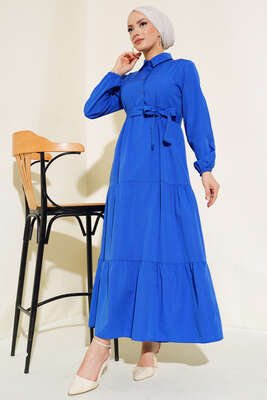 Yaka Düğmeli Kat Kat Elbise Saks - Tesettür Elbise