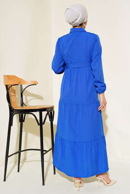 Yaka Düğmeli Kat Kat Elbise Saks - Tesettür Elbise