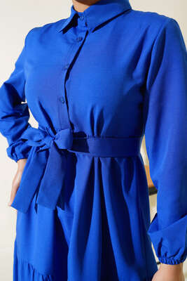 Yaka Düğmeli Kat Kat Elbise Saks - Tesettür Elbise