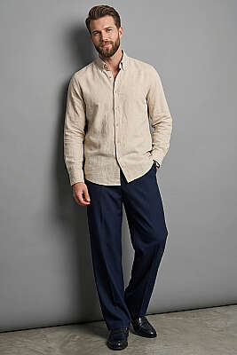 Yaka Düğmeli Keten Gömlek Bej - Erkek Gömlek