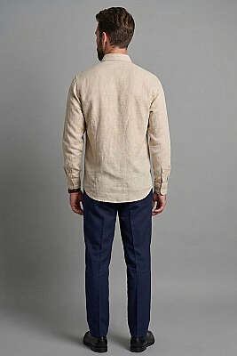 Yaka Düğmeli Keten Gömlek Bej - Erkek Gömlek