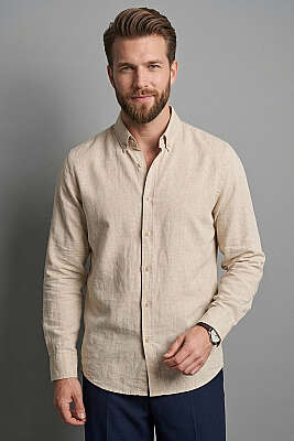 Yaka Düğmeli Keten Gömlek Bej - WİPEOUT