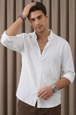 Yaka Düğmeli Krinkıl Gömlek Beyaz - GİESTO