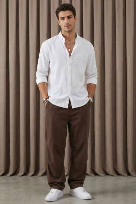 Yaka Düğmeli Krinkıl Gömlek Beyaz - Erkek Gömlek