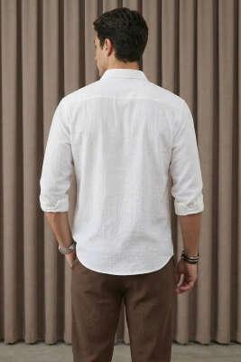 Yaka Düğmeli Krinkıl Gömlek Beyaz - Erkek Gömlek