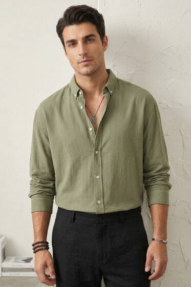 Yaka Düğmeli Krinkıl Gömlek Haki - Erkek Gömlek