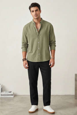 Yaka Düğmeli Krinkıl Gömlek Haki - Erkek Gömlek
