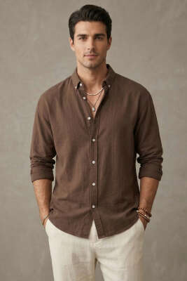 Yaka Düğmeli Krinkıl Gömlek Kahve - GİESTO