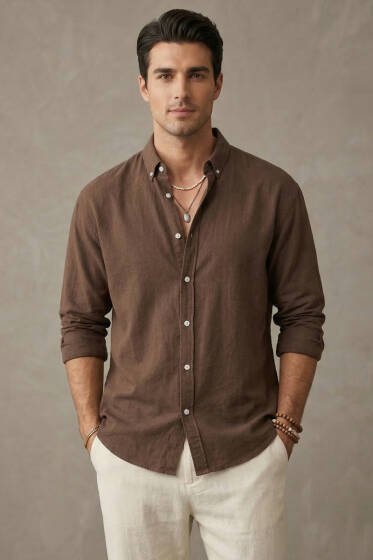 Yaka Düğmeli Krinkıl Gömlek Kahve - Erkek Gömlek