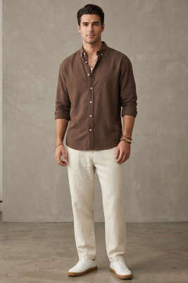 Yaka Düğmeli Krinkıl Gömlek Kahve - Erkek Gömlek